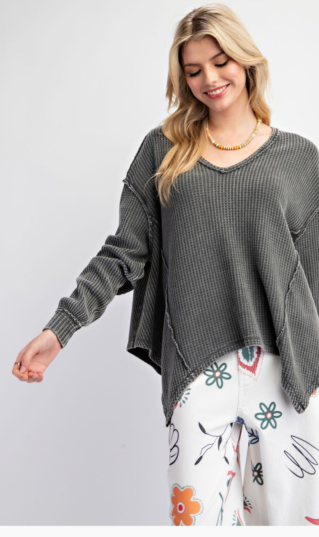 Thermal Knit Mineral Washed V Neck Pullover