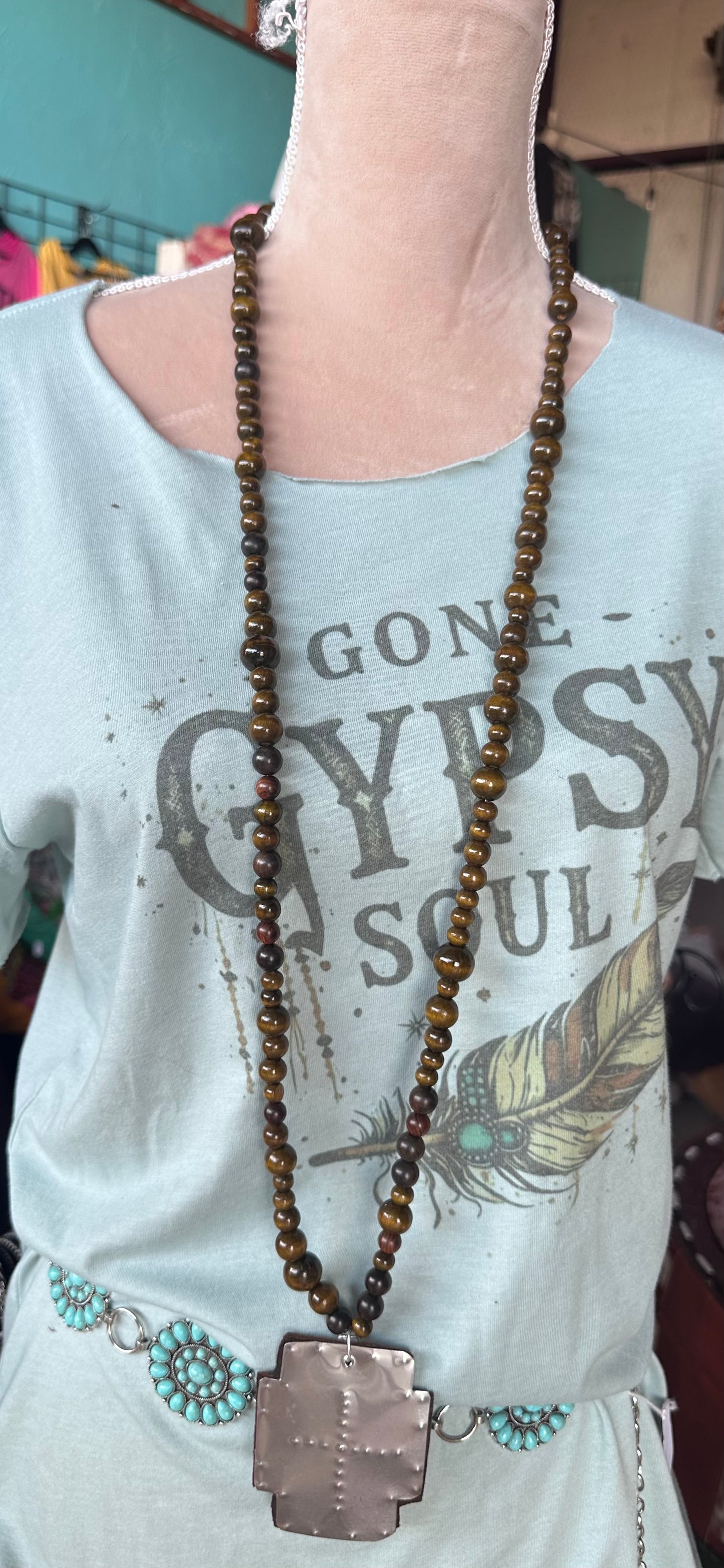Red Wood Soul Statement Beads Hammered Cross Necklace