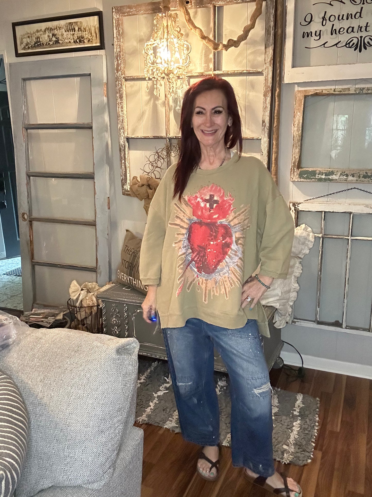 Dance With the Moon Sweatshirt- olive sacred heart-JG
