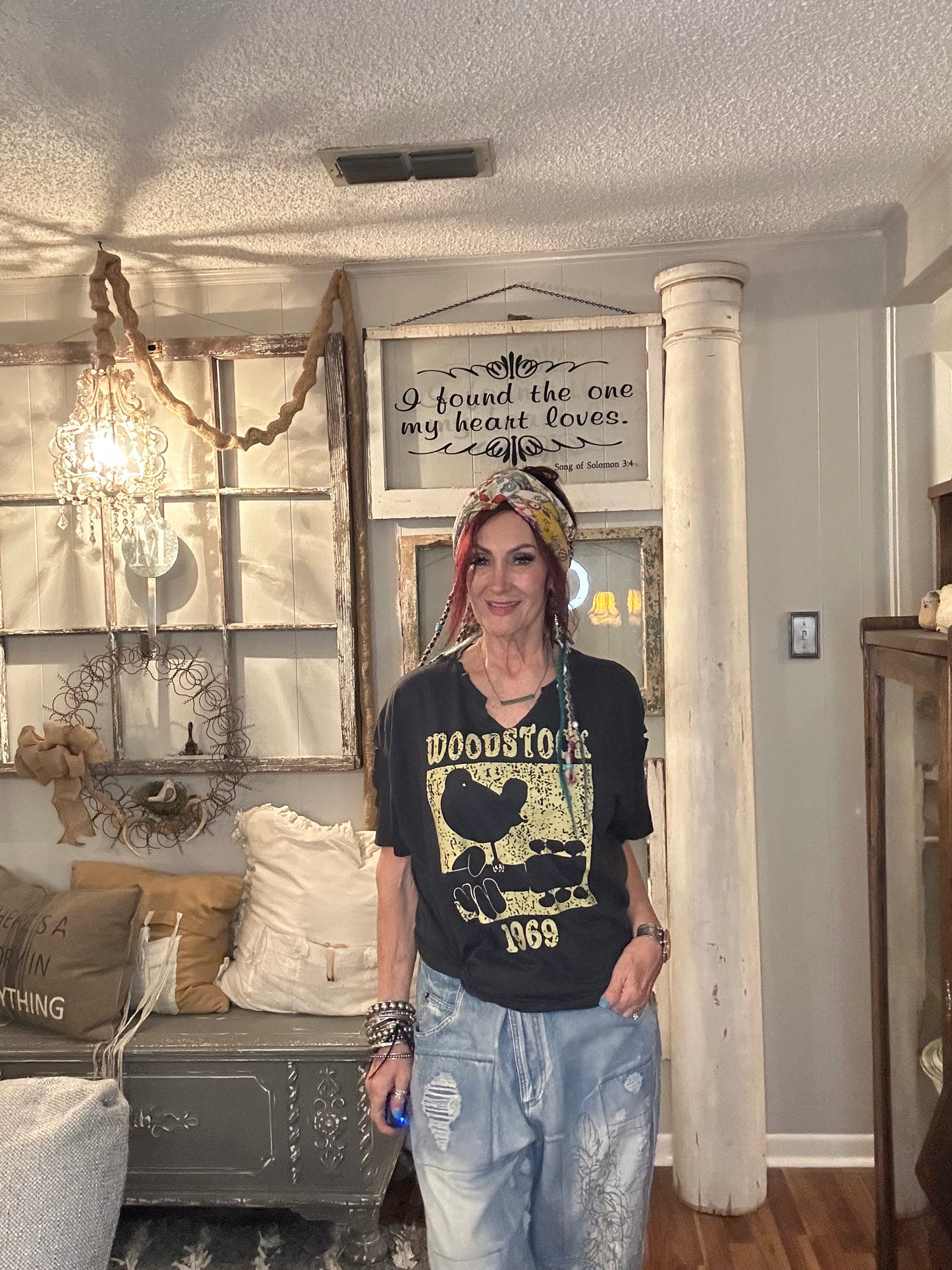 Woodstock 1969 charcoal distressed graphic tee )$4 more for plus size)