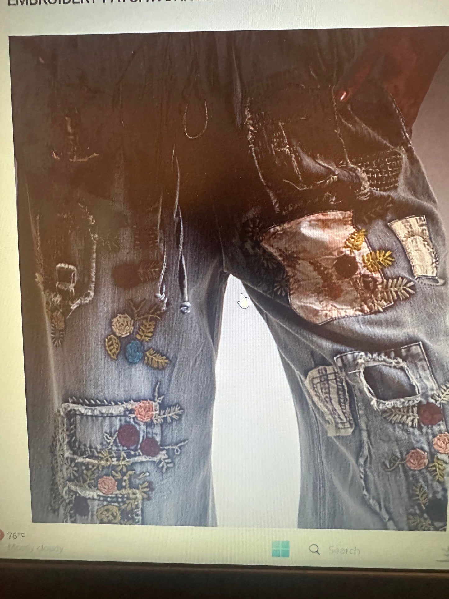 Embroidered patchwork ruffle hem pants ( preorder)