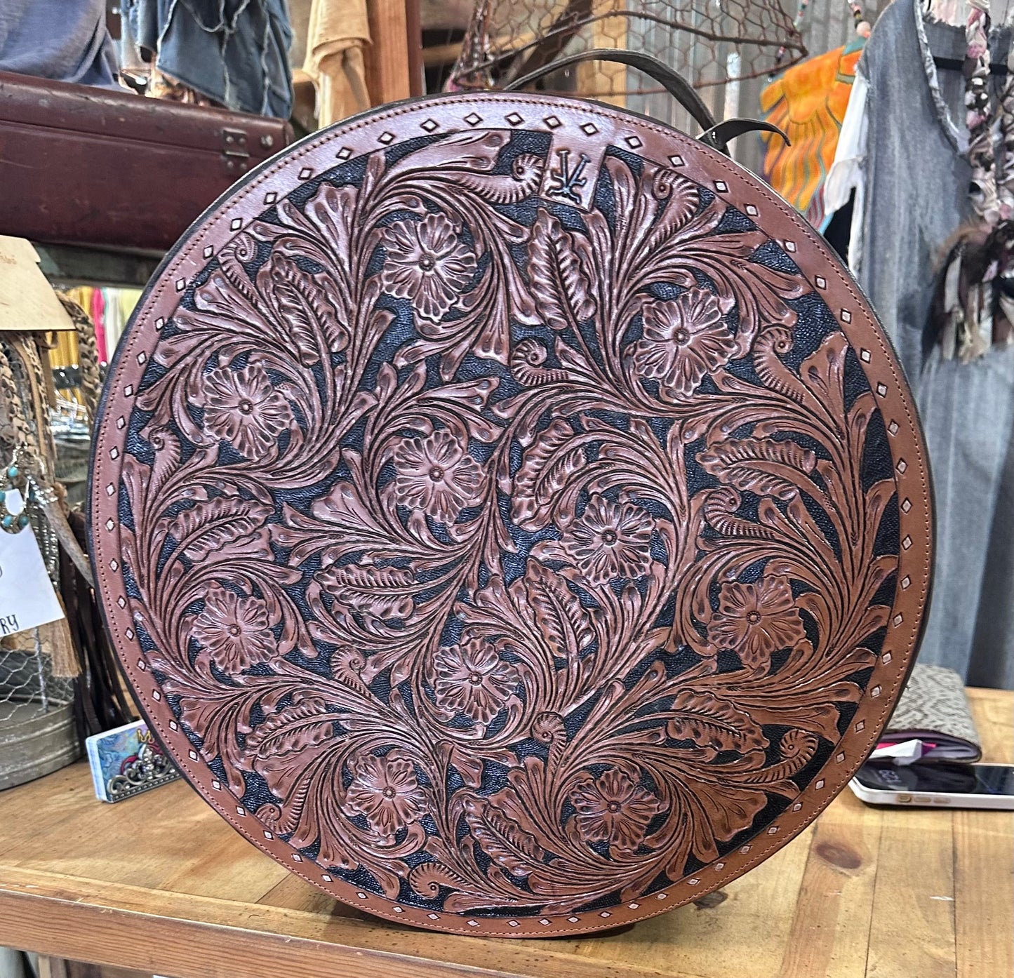 Tooled leather cowhide hat box