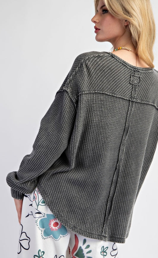Thermal Knit Mineral Washed V Neck Pullover