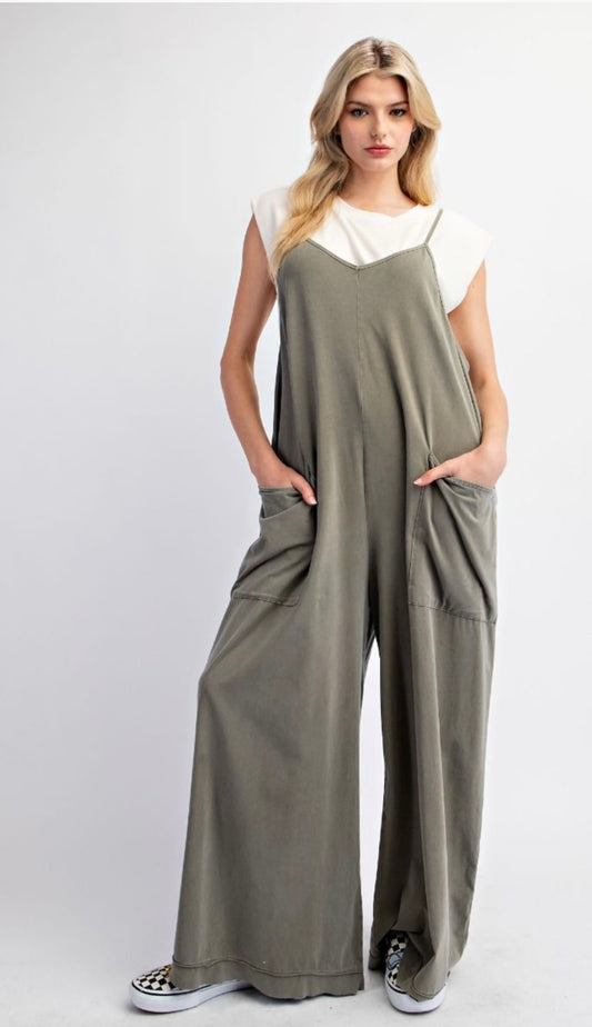 Easel Olive Grey Wide Leg Mineral Washed