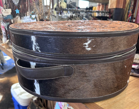 Tooled leather cowhide hat box