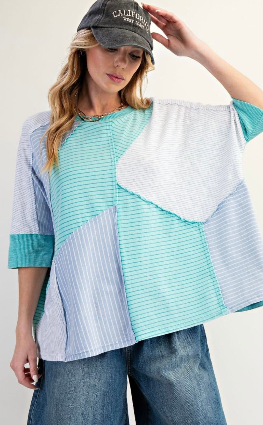 STRIPE MIX MINERAL WASHED BOXY KNIT Top