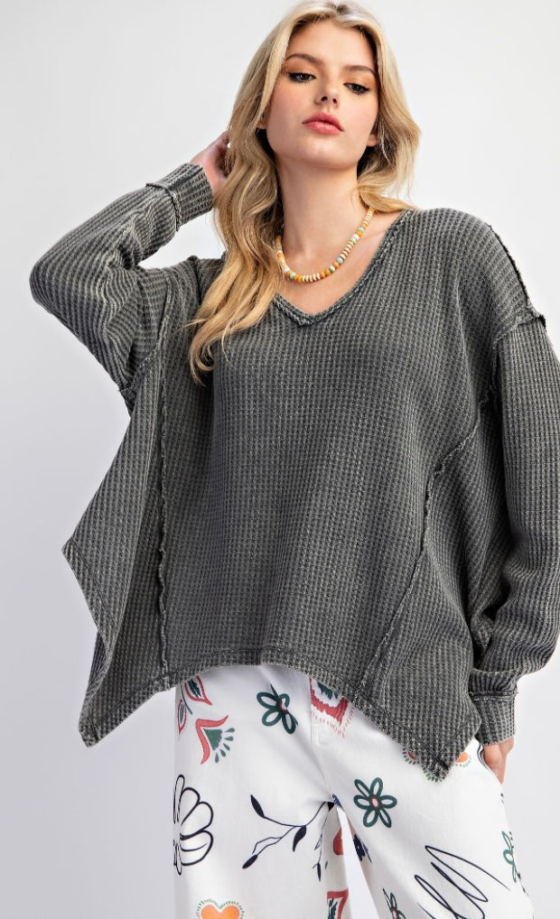 Thermal Knit Mineral Washed V Neck Pullover