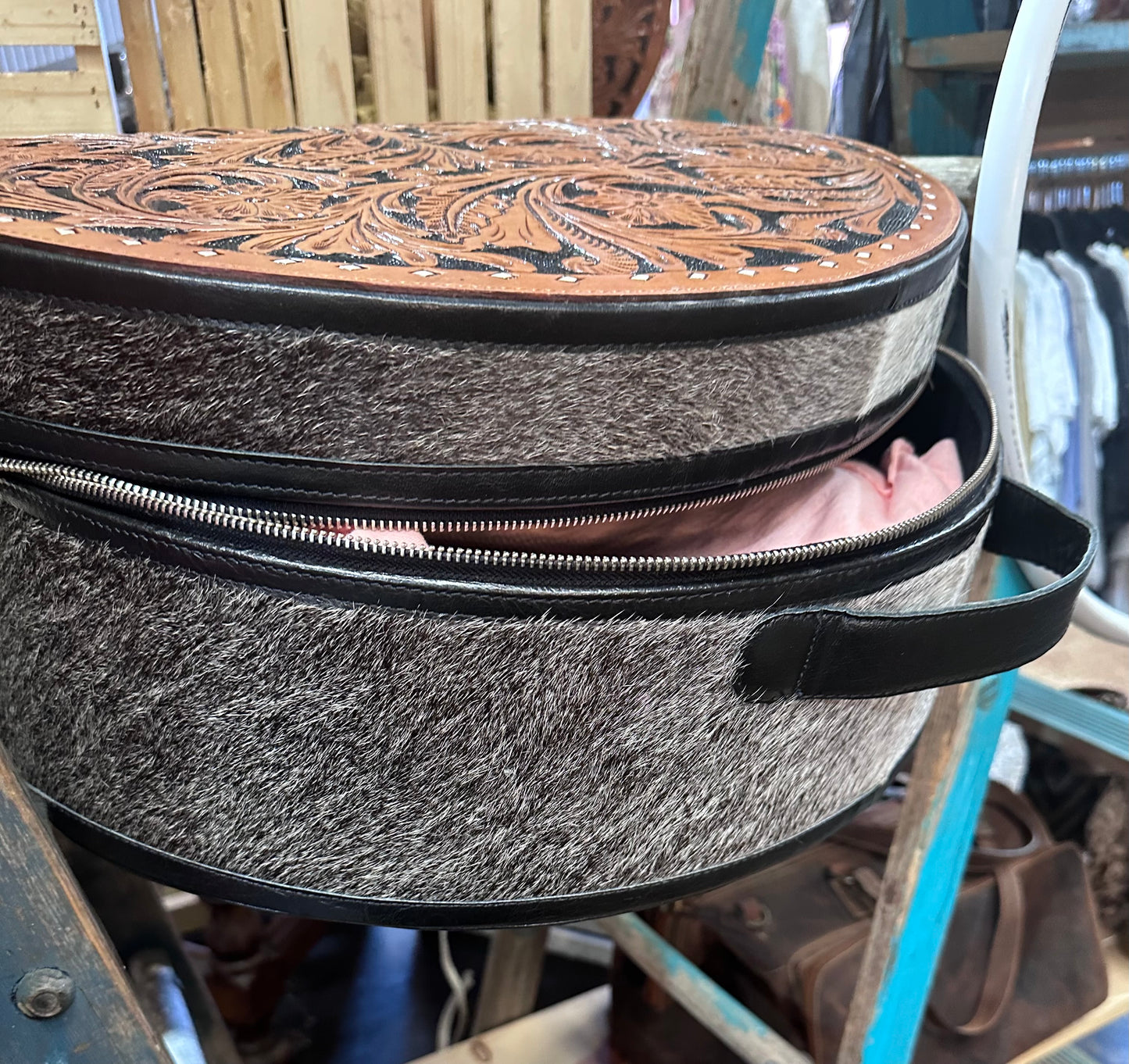 Tooled leather cowhide hat box