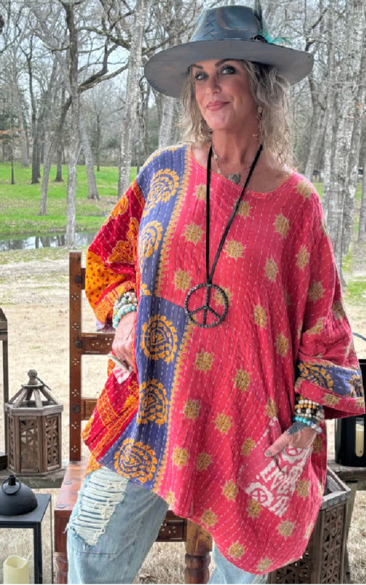 Kantha Sunrise Poncho colors may vary