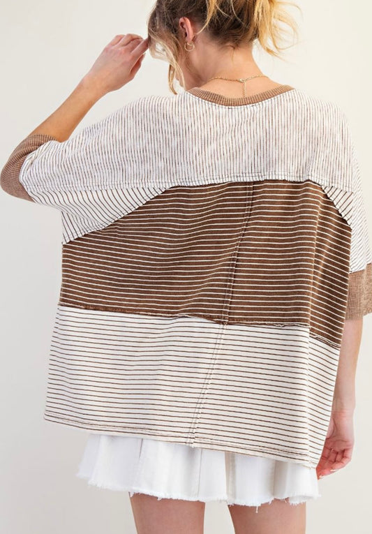 STRIPE MIX MINERAL WASHED BOXY KNIT Top