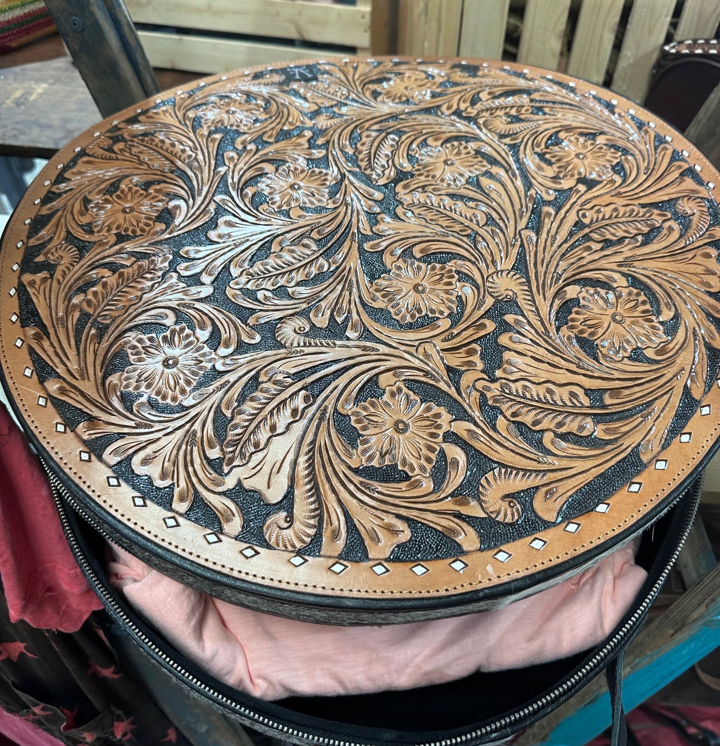 Tooled leather cowhide hat box