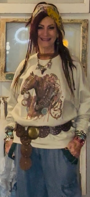 QG-Showhorse Sweatshirt on tan with crystals