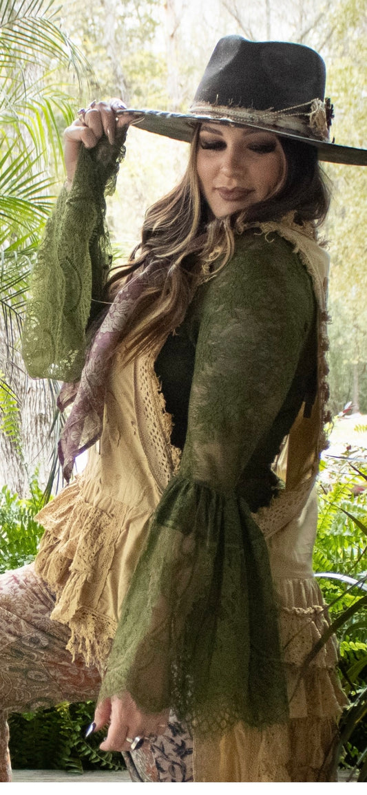 Jaded Gypsy Garden Tea Lace Top - Olive