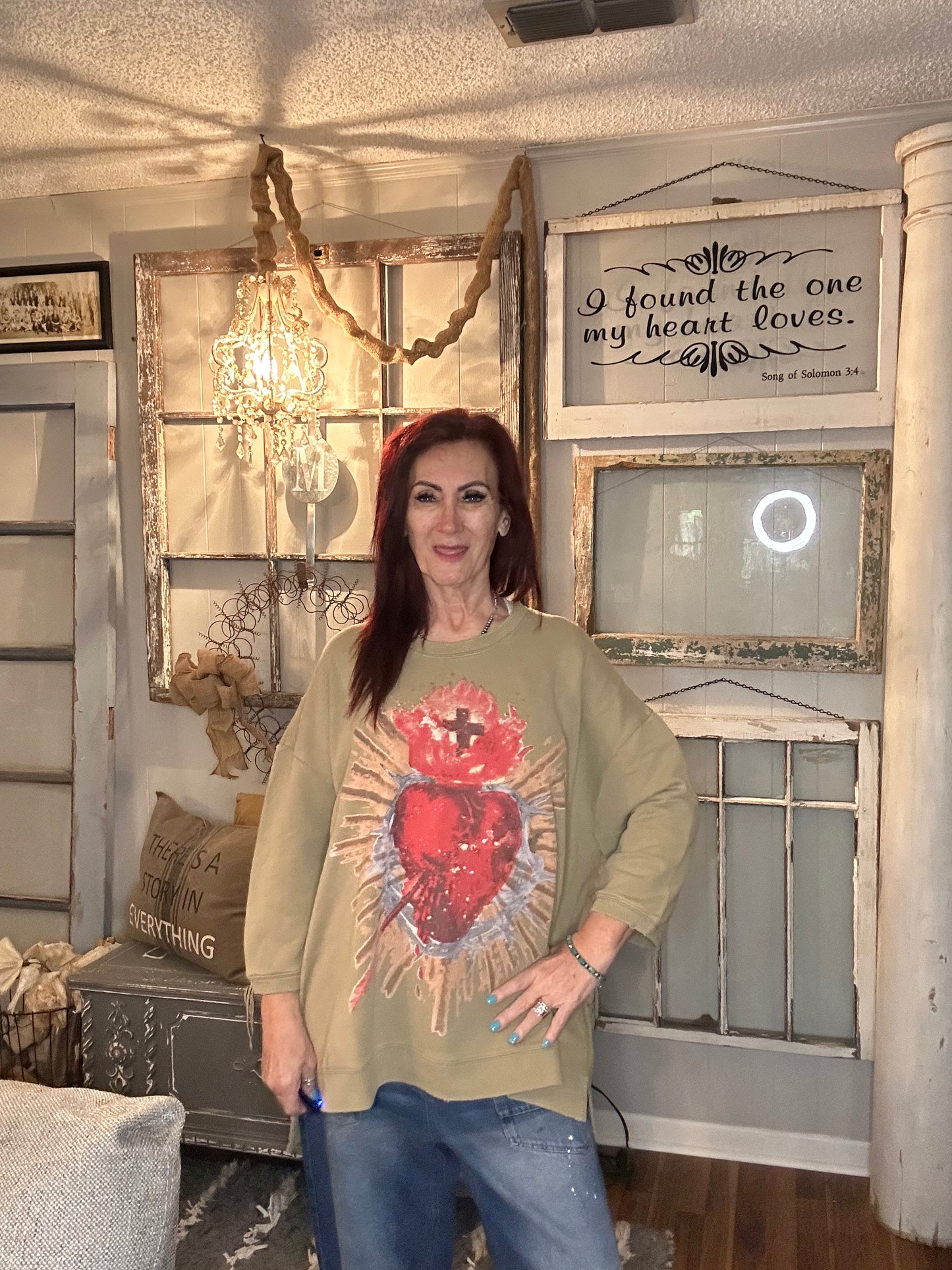 Dance With the Moon Sweatshirt- olive sacred heart-JG