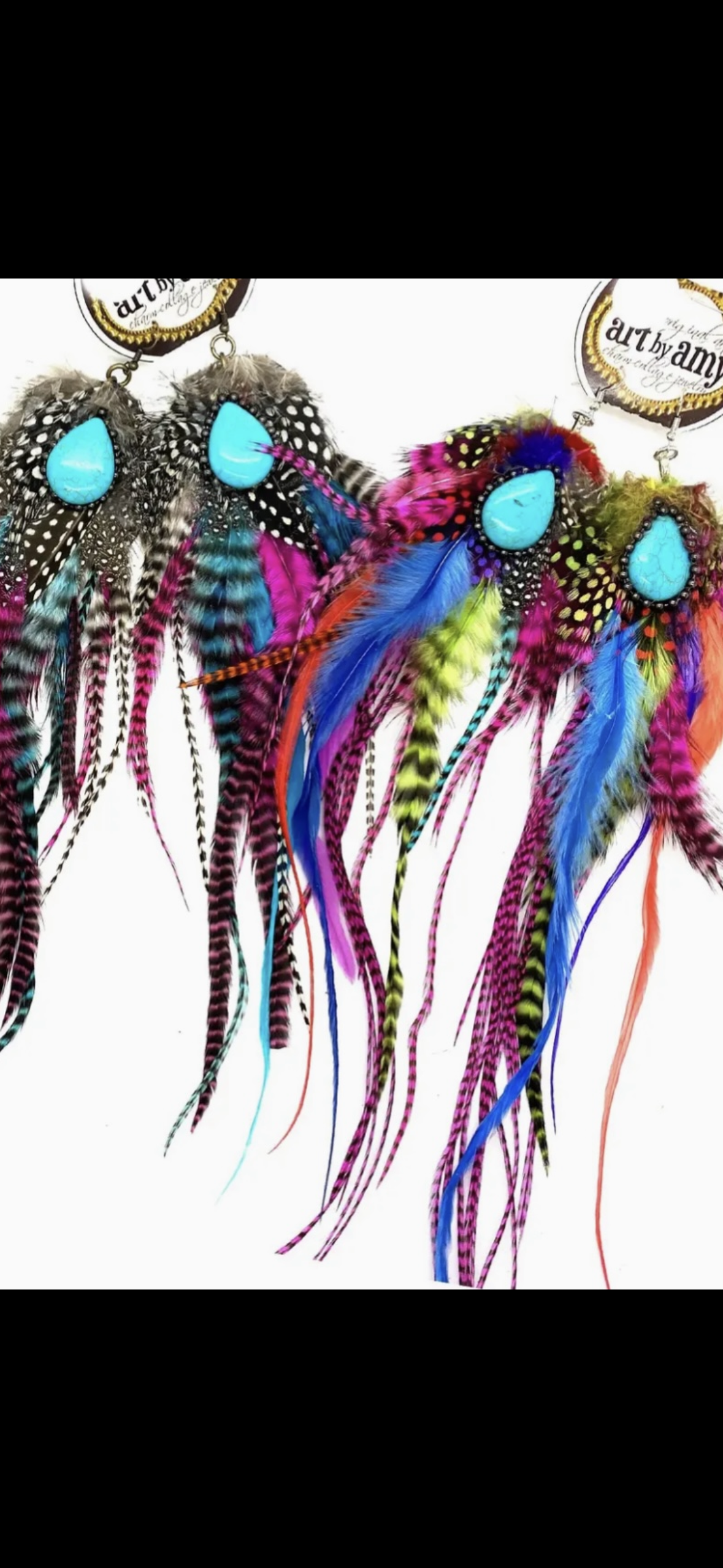 Art By Amy guinea feather earrings with turquoise stone - Multi color￼