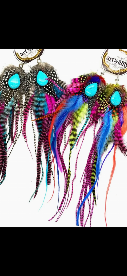 Art By Amy guinea feather earrings with turquoise stone - Multi color￼