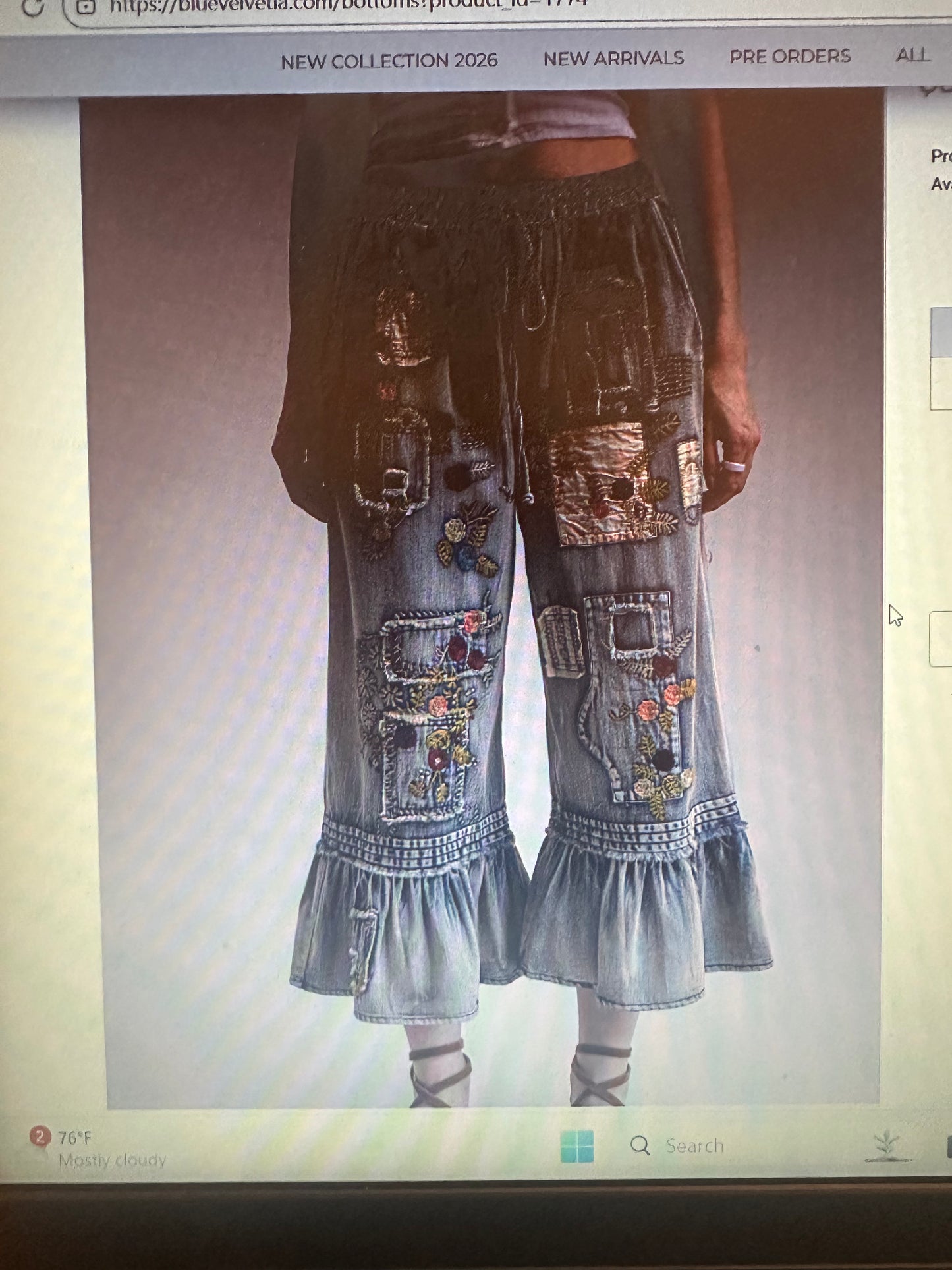 Embroidered patchwork ruffle hem pants ( preorder)