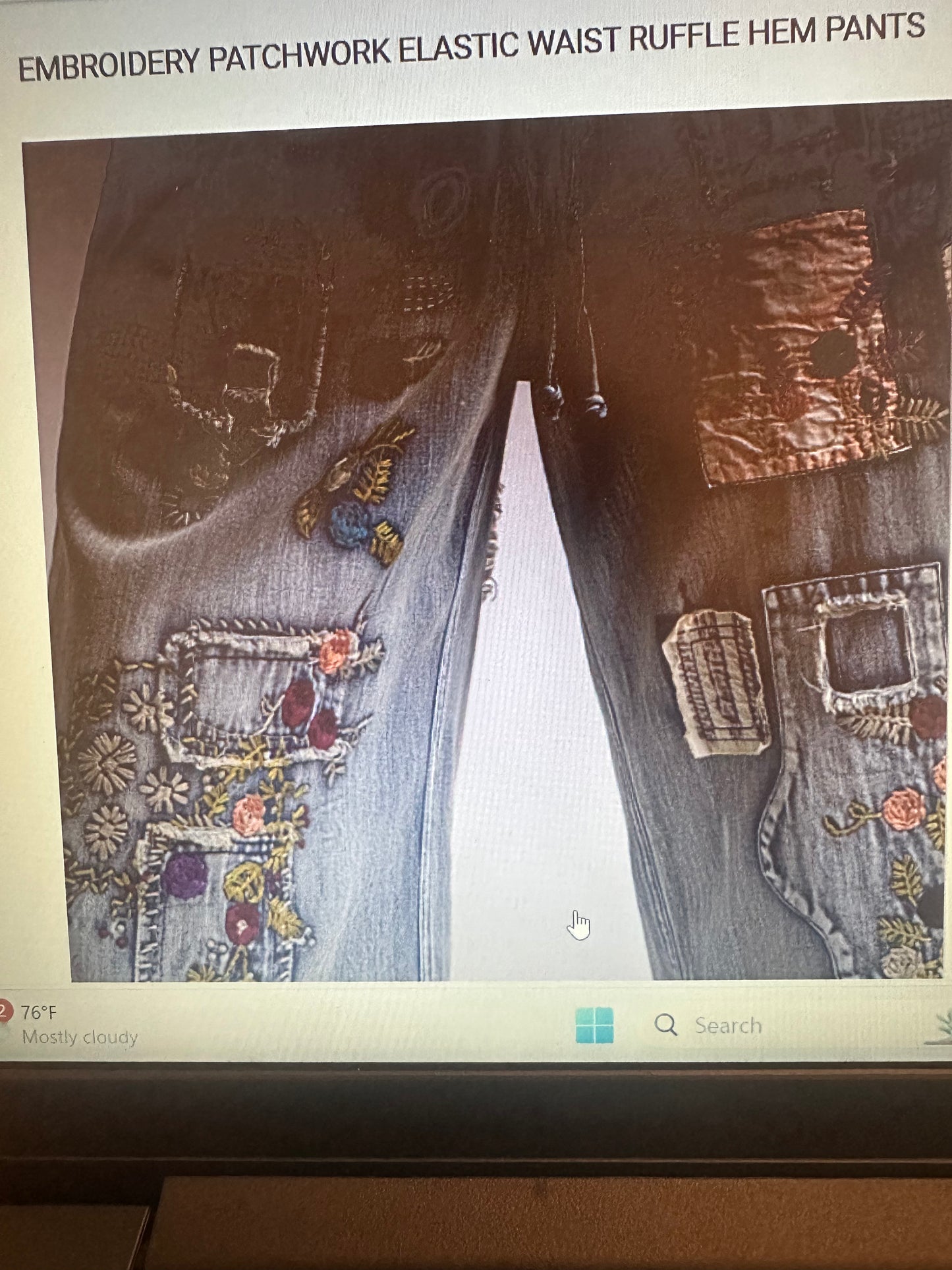 Embroidered patchwork ruffle hem pants ( preorder)