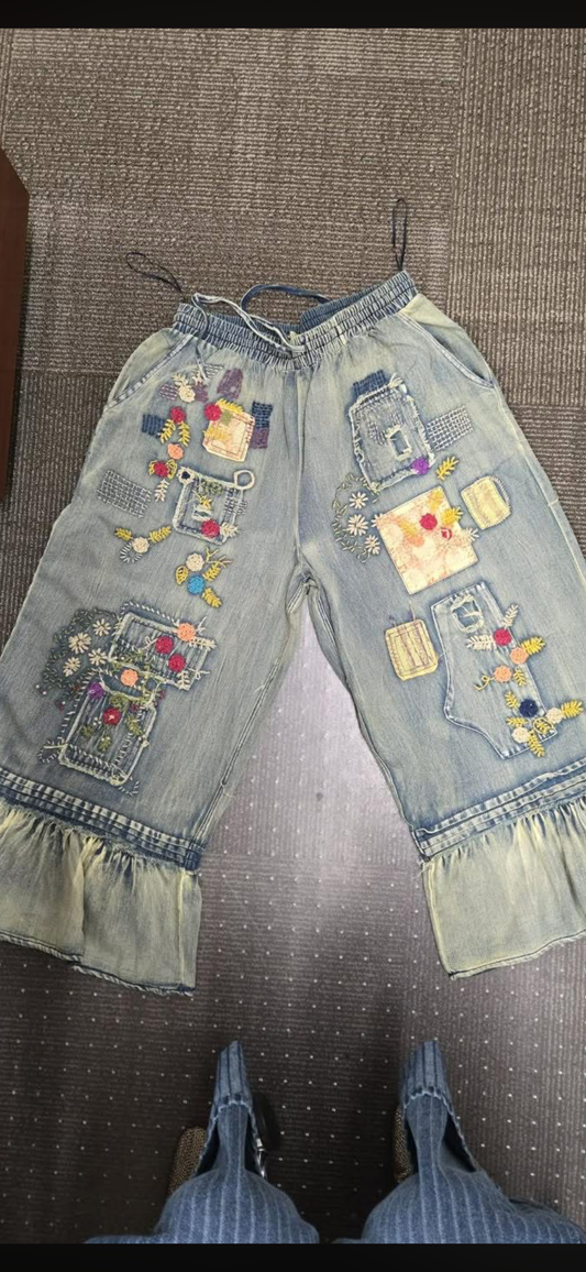 Embroidered patchwork ruffle hem pants ( preorder)
