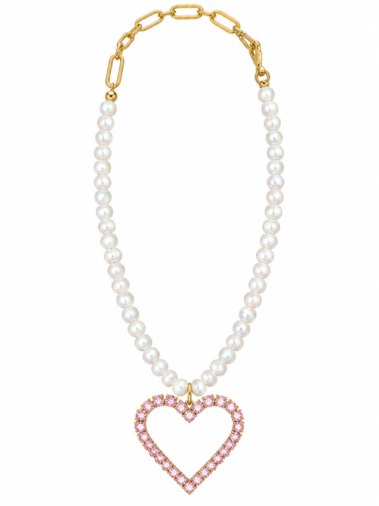 RH107- Crystal Heart Necklace On Pearls