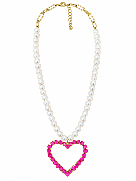 RH110-Crystal Heart Necklaces On Pearls