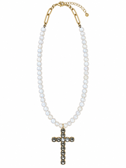 RH113- Cross Necklace On Pearls