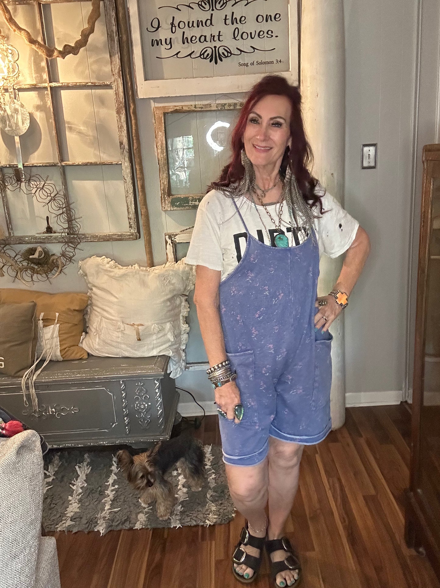 Easel short romper with flowers lt blue