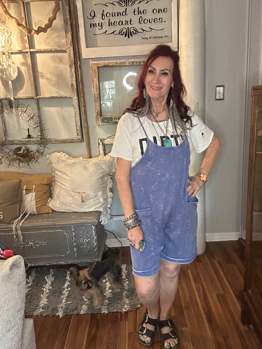 Easel short romper with flowers lt blue